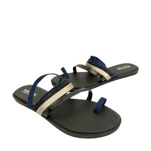 NEW Kenneth Cole Reaction Flat Slide Sandals Toe Loop Blue Black Gold Size 8.5